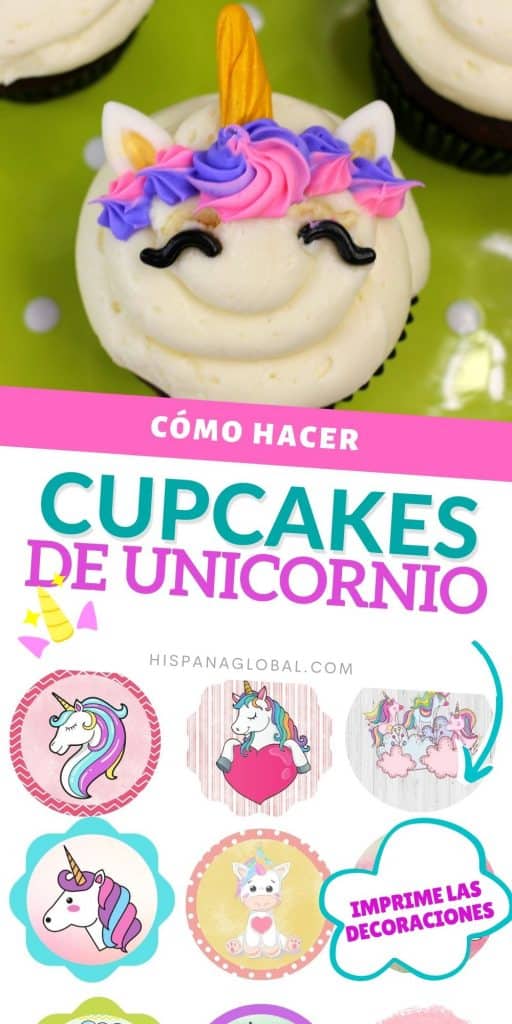 Aprende cómo decorar cupcakes de unicornio para celebrar un cumpleaños infantil. También puedes imprimir gratis adornos para cupcakes de unicornio.